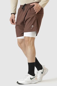 Men Compression Wear: 2 in 1 Compression Shorts Brown