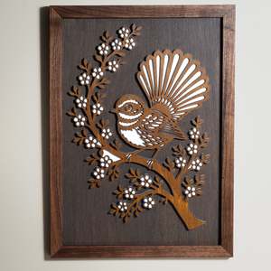 New Zealand Fantail / Pīwakawaka – A3 Signature Wall Art (Oak or Walnut)