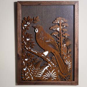Wall Art: North Island Kōkako – A3 Signature Wall Art (Oak or Walnut)