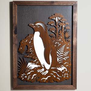 Fiordland Crested Penguin / Tawaki – A3 Signature Wall Art (Oak or Walnut)