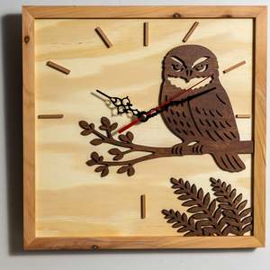 NZ Morepork Layered Timber Wall Clock (315×315mm)