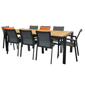 Copenhagen 2200x1000 9pce Outdoor Set - Charcoal Powdercoated Aluminium + Teak