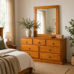 Bedroom: Susan 7 Drawer Dresser Table & Mirror (Warm Honey)