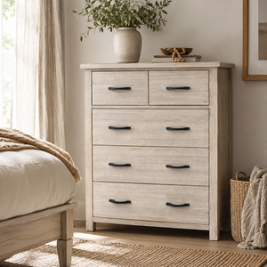 Ballman Tallboy 5 Drawer (Beige / White / Solid Acacia)