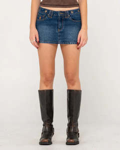 RUSTY BLASTED EYE-LET-LOOSE DENIM SKIRT WMN