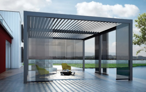 Louvered Pergola with Frameless Glass Sliding Doors