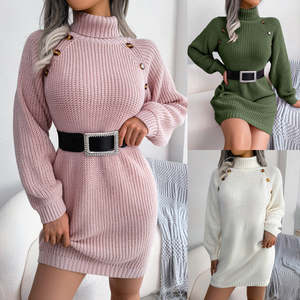Clothing: Winter Turtleneck Long Sweater Dress With Button Design Leisure Clinch Long Sleeve Base Sweater Women
