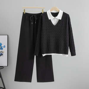 Clothing: Cable-knit Sweater Polo Collar Knitwear Wide Leg Pants Two-piece Set
