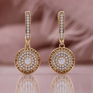 Full Diamond Round Earrings Champagne Gold Plated