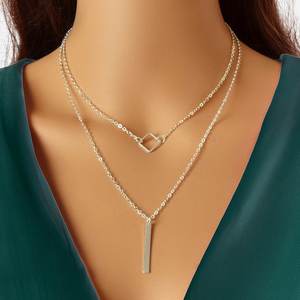 Accessories 1: Double Layer Silver Chain Y Style Square Bar Pendant Necklace Party Accessories
