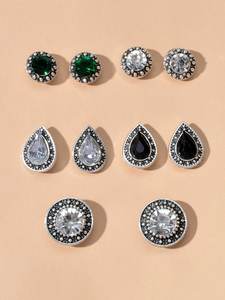 Accessories 1: 5 pairs Vintage Jewellery Shining Rhinestone Round Water Drop Stud Earrings Set