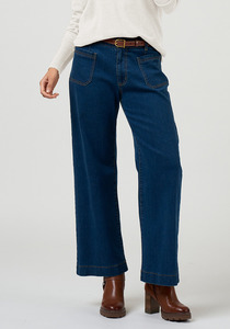 Products: Loobies Story Zadie Jean Mid Rise Straight Leg Stretch Denim Jean with Patch Pockets