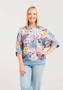 Products: Seduce Florence Top Colourful Floral Viscose Top with Light Blue Elasticated Cuffs & Hem