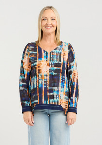 Seduce Nova Top Dusk Grid V Neck Long Sleeve Top with High Low Hem & Elasticated Cuffs