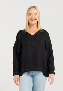 Products: Seduce Nova Top Black V Neck Long Sleeve Top with High Low Hem & Elasticated Cuffs