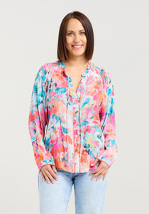 Products: Seduce Eleanor Top Paintburst V Neck Button Down Blouse with Neck Ties & Trim Detail