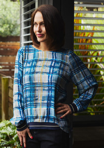 Products: Zafina Havana Top Ocean Plaid Long Sleeve Round Neck Top with Ribbed Elasticated Cuffs