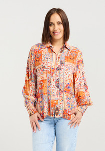 Zafina Topaz Shirt Tiles Colourful Print Bishop Sleeve Button Down Shirt with El&hellip;