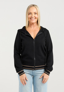 Products: Zafina Cassie Knit Black Hooded Zip Up Knit with Gold Stripe & Ribbed Trims