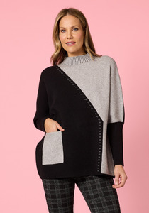 Clarity Cannes Spliced Two-Tone Knit Sweater Batwing Sleeve Statement Knit