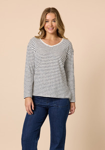 Threadz City Stripe Tee Relaxed Fit V Neck Drop Shoulder Long Sleeve Stripe Tee