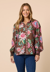 Threadz Bouquet Floral Print Shirt Gathered Sleeve Button Up Shirt with Shirred Cuffs