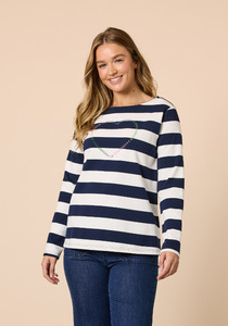 Products: Threadz From The Heart Stripe Tee Navy Ivory Stripe Tee with Heart Embroidery
