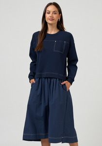 Products: Madly Sweetly McKenzie Dress Sweatshirt Dress with Poplin Skirt & Contrast Topstitching