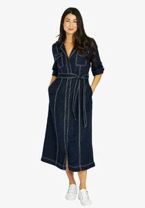 Products: Jump Contrast Stitch Tie Dress Linen Viscose Midi Dress with Lapel Collar & Waist Tie