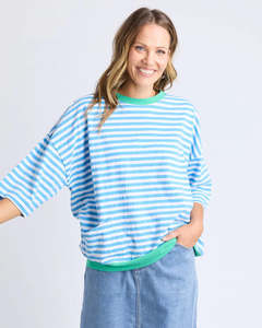 Hoodies Sweatshirts: Elm Mazie Stripe Ringer Sweat - Azure White Stripe/Gumdrop Brands