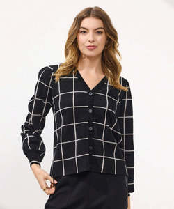 Knitwear: Newport Stanford Check Cardigan - Black/White