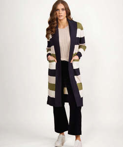 Knitwear: Vassalli Open Longline Cardi with Pockets - Sage Stripe