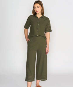 Pants: Vassalli Wide Leg 7/8 Cotton Pant with Detail Cuff - Olive
