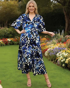 Dresses: Glam V Neck Midi Dress 25221-1 Blue/White