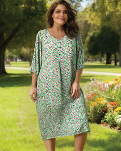 Dresses: Glam Dress V Neck Puff Sleeve - Mint Flowers