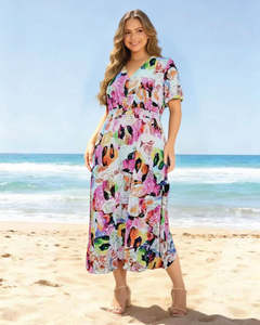 Dresses: Glam Dress V Neck Elastic Waist - Brush Strokes