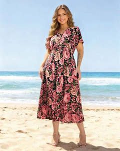 Glam Dress V Neck Elastic Waist - Wild Rose