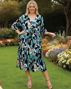 Dresses: Glam Dress V Neck tie Waist - Black Teal