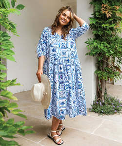 Dresses: Elm Dolce Tile Midi Dress - Ocean Blue/White