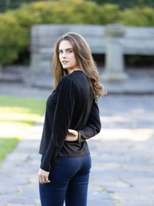 Merino: Vassalli Merino Round Neck Top with Shoulder Detail - Black