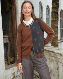 Knitwear: Zaket & Plover Stripe Spot Zip up Front Cardi - Coffee