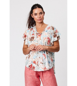 V neck frill sleeve print top - Tops : Gaby's Warkworth - BLACKSTONE H23