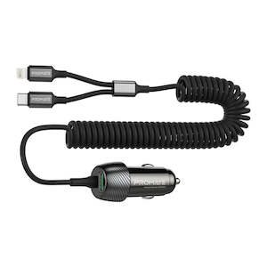 PROMATE 33W Car Charger With Lightning & USB-C Cable, USB-A Port