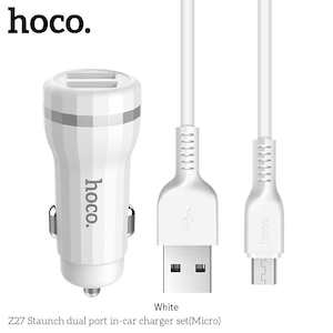 Chargers And Power Bank: HOCO Z27 Dual Port Car Charger with Micro USB Cable White