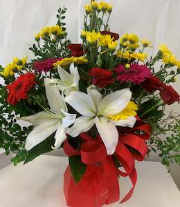 Bright Red and Yellow Arrangement in Red Box