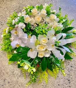 Funeral Flowers: White Fresh Floral Wreath with Roses