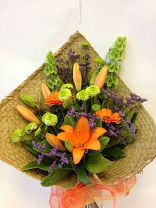 Graduation Flowers: Bouquet in Woven Flax Wrap