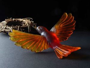 Luke Jacomb Studio cast glass 'Wall Birds: Lukeke Design Yellowhead dark orange red colour