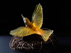 Luke Jacomb Studio cast glass 'Wall Birds: Lukeke Design Silvereye yellow colour