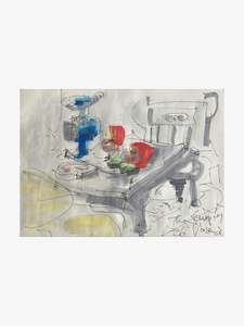 John Oxborough Artist Works For Sale: Blue Vase with Pomegranates Chair and Coasters